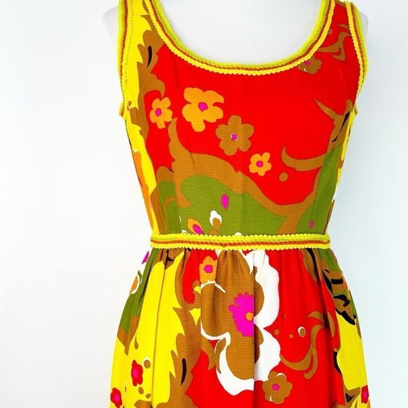 Vintage Kiki Hart Floral Retro Groovy Maxi Dress Red Yellow Scoop Neck 1960s - Picture 4 of 7